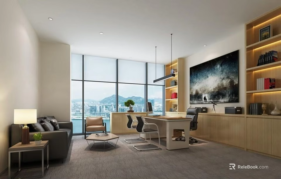 Modern Office Interior Design With Desk Chairs Sofa Large Windows Mountain View And Decorative Painting 3d model 