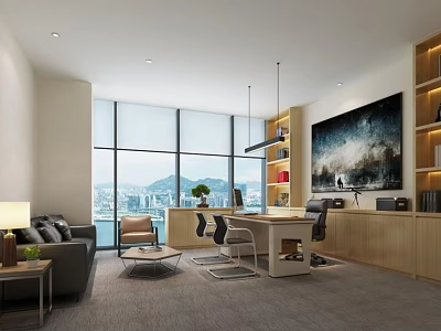Modern Office Interior Design With Desk Chairs Sofa Large Windows Mountain View And Decorative Painting 3d model