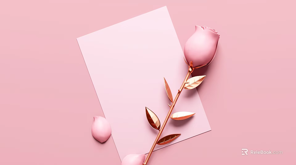 Pink Rose With Gold Stem Leaves And Fallen Petal On Pink Paper Background 3d model 