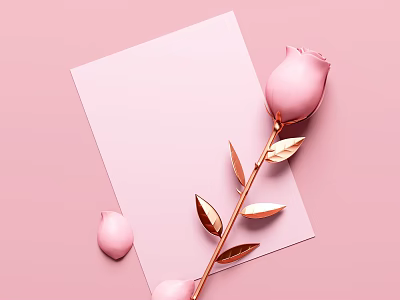 Pink Rose With Gold Stem Leaves And Fallen Petal On Pink Paper Background 3d model