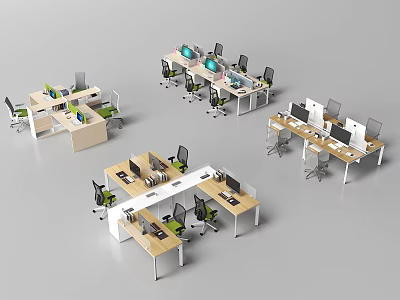 Modern Office Desks With Computer Monitors Ergonomic Chairs And Various Layouts 3d model