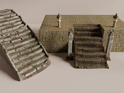 Ancient Style Stone Steps and Walls Featuring Decorative Statues and Lanterns 3d model
