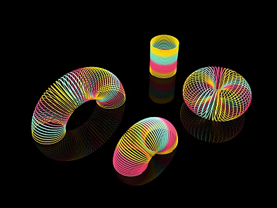 Colorful Spiral Geometric Objects With Vibrant Multicolored Design On Black Background 3d model
