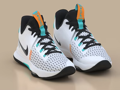 White Nike High Top Basketball Shoes With Black Teal Laces And Orange Accents 3d model