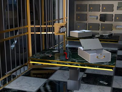 Security Storage Equipment Featuring Metal Bars Marble Table Open Boxes And Locked Cabinets 3d model