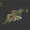 Camouflage Military Weapon 3D Model With Rotors Wheels And Cannon Structure