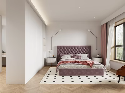 Modern Bedroom Interior Design With Purple Tufted Headboard Bed Floor Lamps Curtains And Checkered Rug 3d model