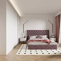 Modern Bedroom Interior Design With Purple Tufted Headboard Bed Floor Lamps Curtains And Checkered Rug
