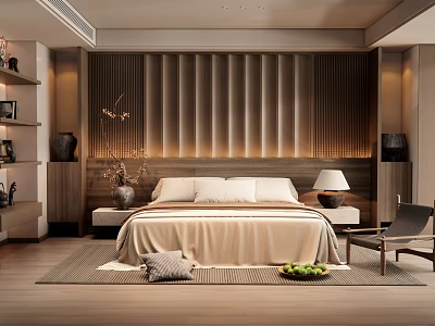Hotel Room Interior Design With Slatted Wooden Headboard Bedside Tables And Warm Tones Decor 3d model