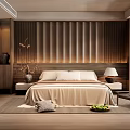 Hotel Room Interior Design With Slatted Wooden Headboard Bedside Tables And Warm Tones Decor