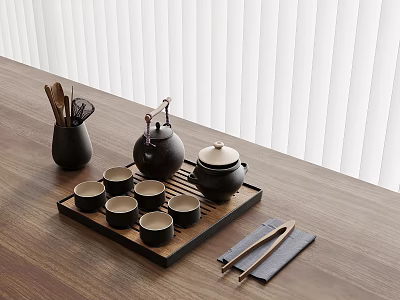 Minimalist Wooden Tabletop With Black Tea Set Teapot Cups Tray Chopstick Holder And Chopsticks 3d model