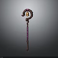 Magic Staff Weapon With Curved Top Bell Decoration And Purple Winding On Wooden Shaft