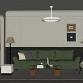 Modern Living Room Interior Design With Green Leather Sofa And Ceiling Pendant Lamp