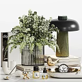 Decorative Ornament Set With Green Plants Striped Glass Vase Lamp Books Bird Figurine And Candles