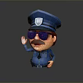 Cartoon Police Game Movie Character With Blue Uniform Hat Badge Sunglasses Mustache Waving Hand