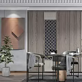 Modern Dining Table Set With Six Chairs Wooden Cabinets And Geometric Pattern Decor