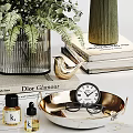 Decorative Ornament Set With Green Plants Striped Glass Vase Lamp Books Bird Figurine And Candles