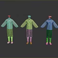 Traditional Korean Hanbok Clothing On Three Mannequins With Colored Tops Dark Pants And White Shoes