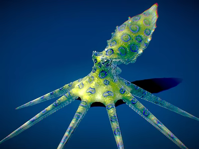Green and Yellow Octopus with Blue Spots and Long Slender Tentacles on Deep Blue Background 3d model