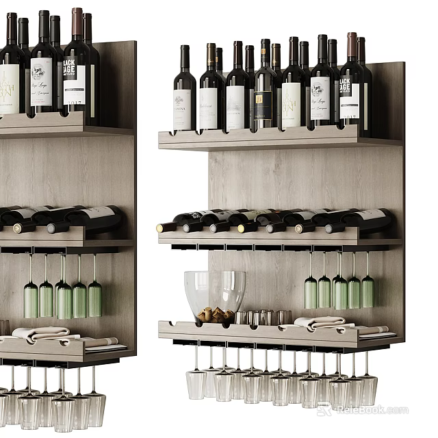 Elegant Wooden Wine Cabinet With Multiple Shelves For Wine Bottles And Hanging Glasses 3d model 