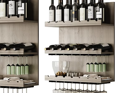 Elegant Wooden Wine Cabinet With Multiple Shelves For Wine Bottles And Hanging Glasses 3d model