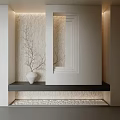 Minimalist Entryway Hallway With Twig Decoration White Vase Black Countertop And Recessed Lighting