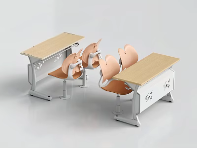 Modern Classroom Desk And Chair Set With Wooden Desktop And Orange Seats 3d model