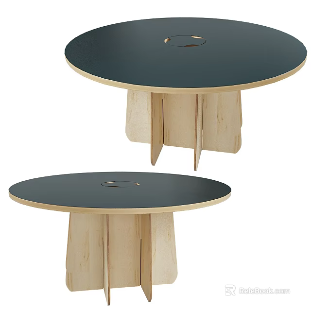 Two Round Dining Tables With Black Tabletops And Wooden Bases Design 3d model