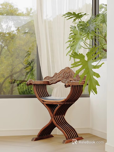 Carved Wooden Dining Chair With Green Plants Near Window In Bright Indoor Space 3d model 