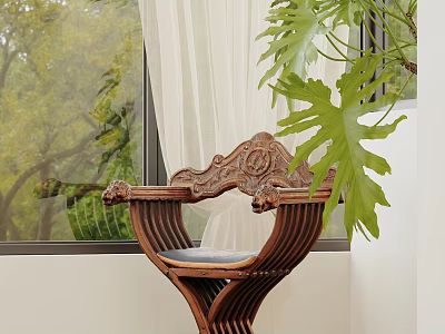 Carved Wooden Dining Chair With Green Plants Near Window In Bright Indoor Space 3d model