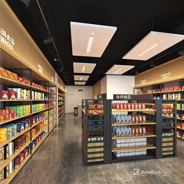 Modern Supermarket Interior With Brightly Lit Aisles Shelves Stocked With Various Snacks Beverages And Goods 3d model 