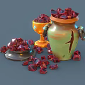 Elegant Decorative Ornament Set Featuring Yellow Cup Green Jar Scattered Red Gemstones And Diamond Decorations