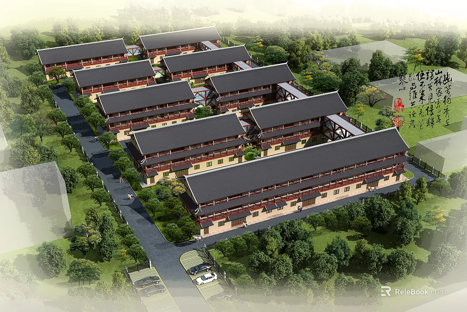 Ancient Traditional Architecture Complex With Neatly Arranged Buildings And Lush Greenery 3d model 