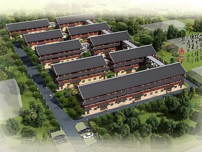 Ancient Traditional Architecture Complex With Neatly Arranged Buildings And Lush Greenery 3d model