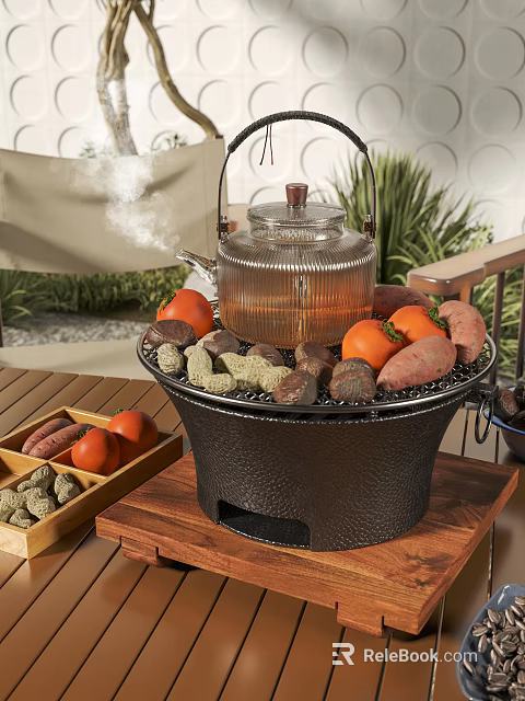 Outdoor Cooking Station With Stove Teapot Fresh Vegetables And Nuts 3d model 