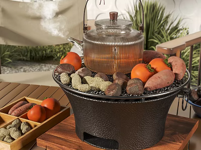 Outdoor Cooking Station With Stove Teapot Fresh Vegetables And Nuts 3d model