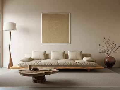 Warm Natural Sofa Set with Floor Lamp Wall Art and Wooden Coffee Table 3d model