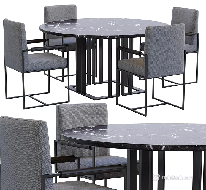 Modern Round Marble Dining Table With Gray Upholstered Chairs And Metal Frame 3d model 