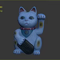Lucky Cat Decorative Figurine Set in Blue with Red Collar Holding Fortune Sign