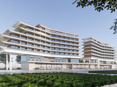 Modern Hotel Building With Layered Balconies Light Colored Facade And Greenery Surrounding Open Plaza 3d model