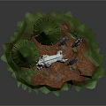 Game Character Battling Giant White Bloodstained Boar In Wooded Rocky Environment