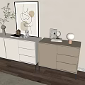 Modern Light Toned Console Table and Sideboard with Vase Plant Painting Lamp and Decorative Items