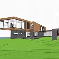 Modern Detached Villa on Lakeside Rocky Terrain Surrounded by Forest with Glass Windows and Reflection