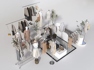 Stylish Clothing Store Interior With Garment Racks Hanging Clothes Mannequins And Green Plants 3d model