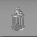 White Metal Birdcage With Orange Bird And Reflective Base On Dark Background