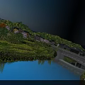 Rural Landscape With River Bridge Green Fields Houses Trees Under Blue Sky And White Clouds