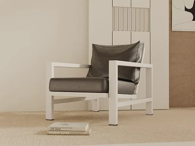 Leisure Chair With White Frame Black Leather Cushion In Minimalist Interior With Book On Floor 3d model