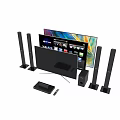 Black Home Theater System With Flat Screen TV Tower Speakers Subwoofer Player Remote And Stand