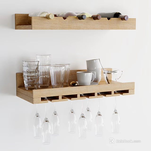Wooden Wine Cabinet With Hanging Glasses And Glassware Storage Shelf Design 3d model 