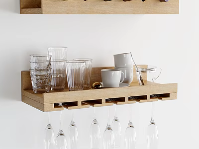 Wooden Wine Cabinet With Hanging Glasses And Glassware Storage Shelf Design 3d model